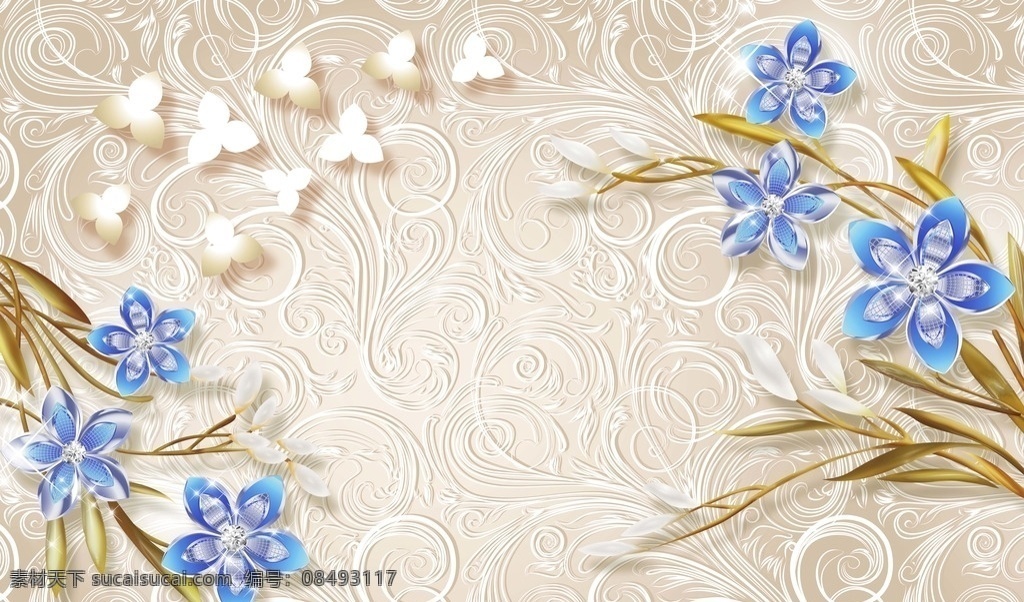 3d浮雕 花朵 珠宝 钻石 蓝色花 钻石背景 文化艺术 传统文化