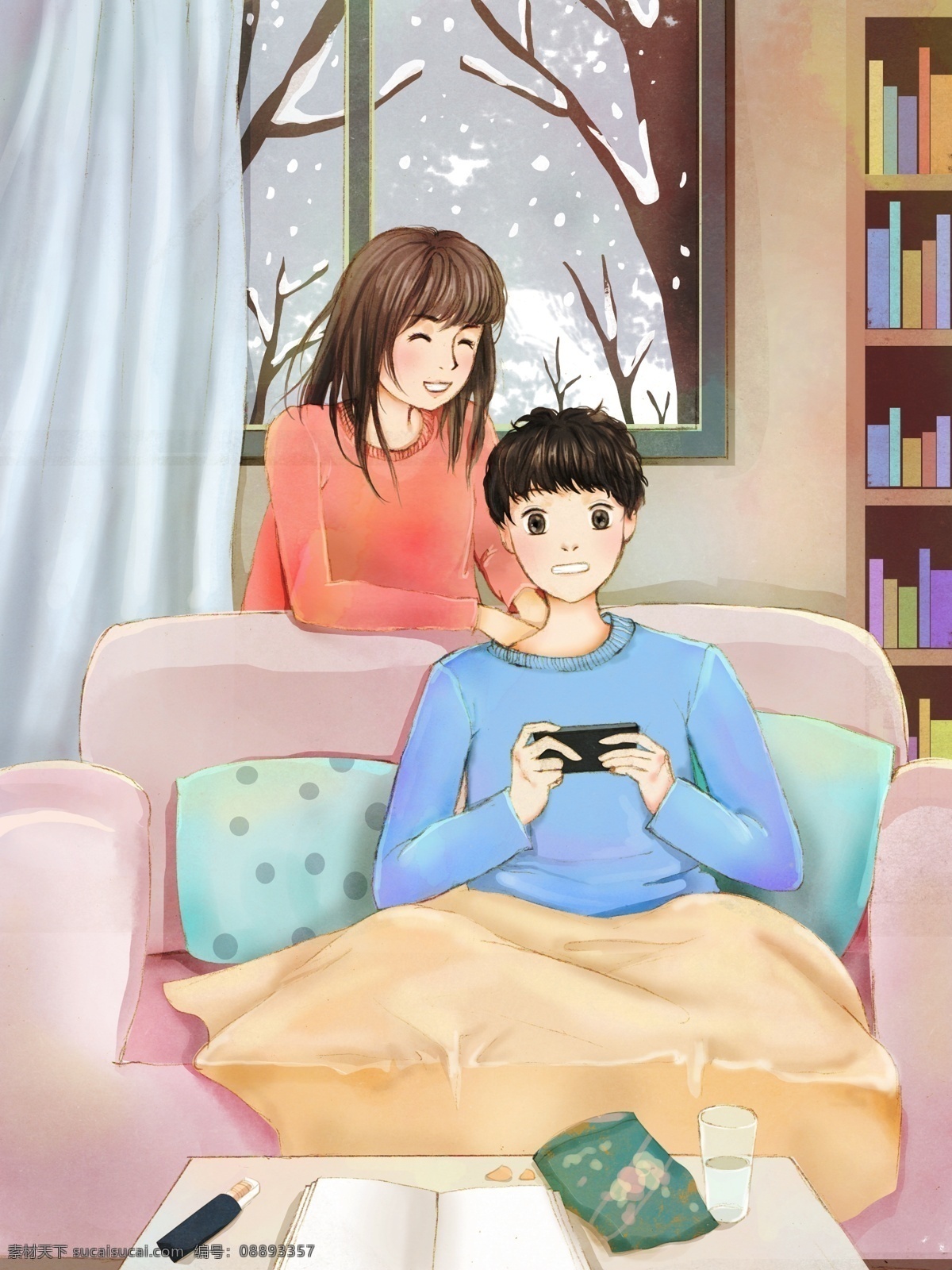 原创 小 清新 插画 情侣 日常 冬季 场景插画 壁纸 温馨场景 小清新插画 打游戏