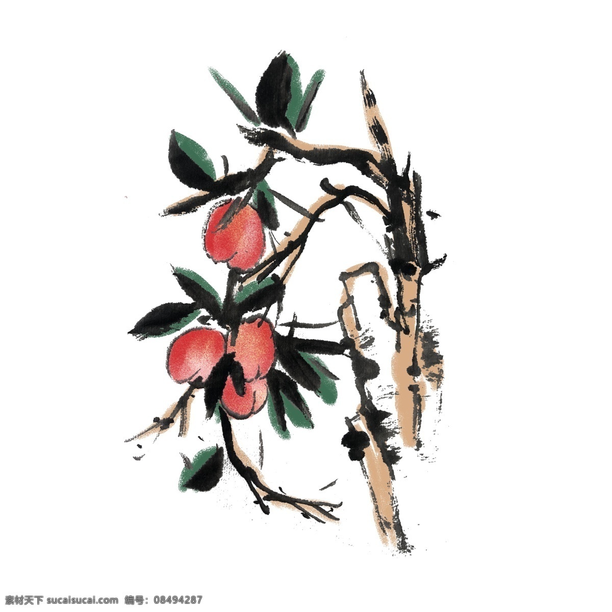 水墨 风 新鲜 桃子 手绘 插画 夏季 夏天 水墨桃子 新鲜桃子 中国风 古风 水墨风 墨迹 彩色 春天 生动 花草 国风
