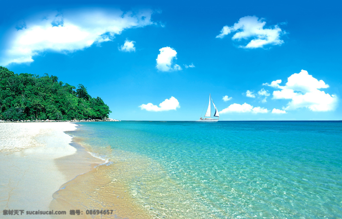 白云 背景 风景 海景 海滩 海洋 蓝天 绿水 蓝天绿水海滩 秀丽 云彩 沿海 小海湾 自然 天空 夏天 阳光 排岸浪花 小岛 椰子树 小船 自然景观 自然风景 摄影图库 psd源文件