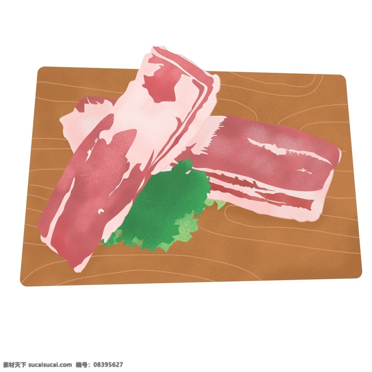 手绘 放在 菜板 上 新鲜 生 猪肉 元素 手绘猪肉 新鲜猪肉 生菜 手绘蔬菜 棕色菜板