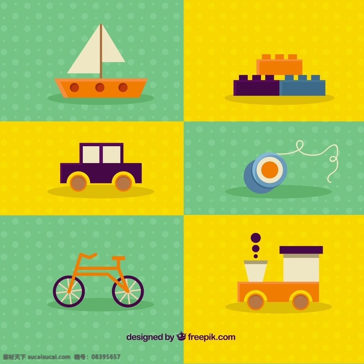 款 扁平 风格 可爱 玩具 矢量 帆船 积木 乐高积木 车 陀螺 单车 玩具火车 儿童 孩子 矢量图 黄色