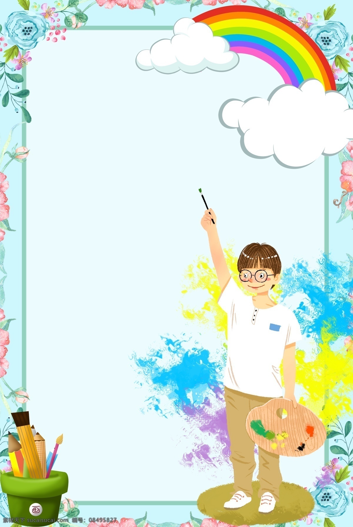 学画 画 小 男孩 背景 画画 颜料 学画画 夏季 兴趣班 补课 上课 老师 学习 补习 暑假