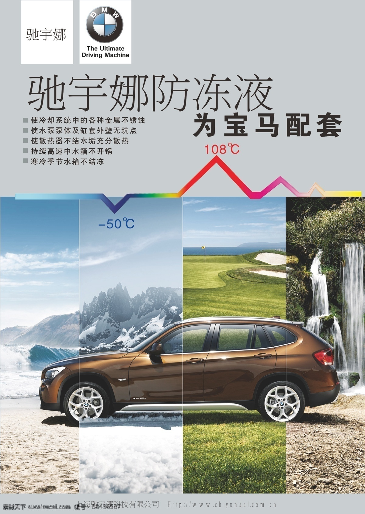 汽车用品 海报招贴 宣传海报 招贴 汽车 防冻液 宝马 雪山 冬天 气温 配套 行驶 润滑油 广告设计模板 源文件 矢量文件 可印刷 温度 春 夏 秋 冬 矢量