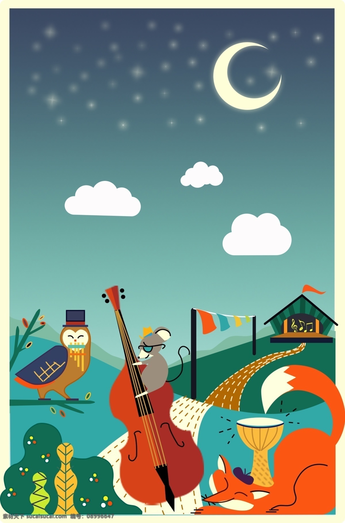 音乐节 简约 宣传海报 插画 平面 背景 动物 音乐 夜间
