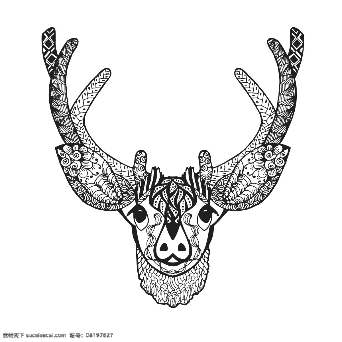 黑白 艺术 鹿角 图案 动物 创意 手绘 花朵 麋鹿