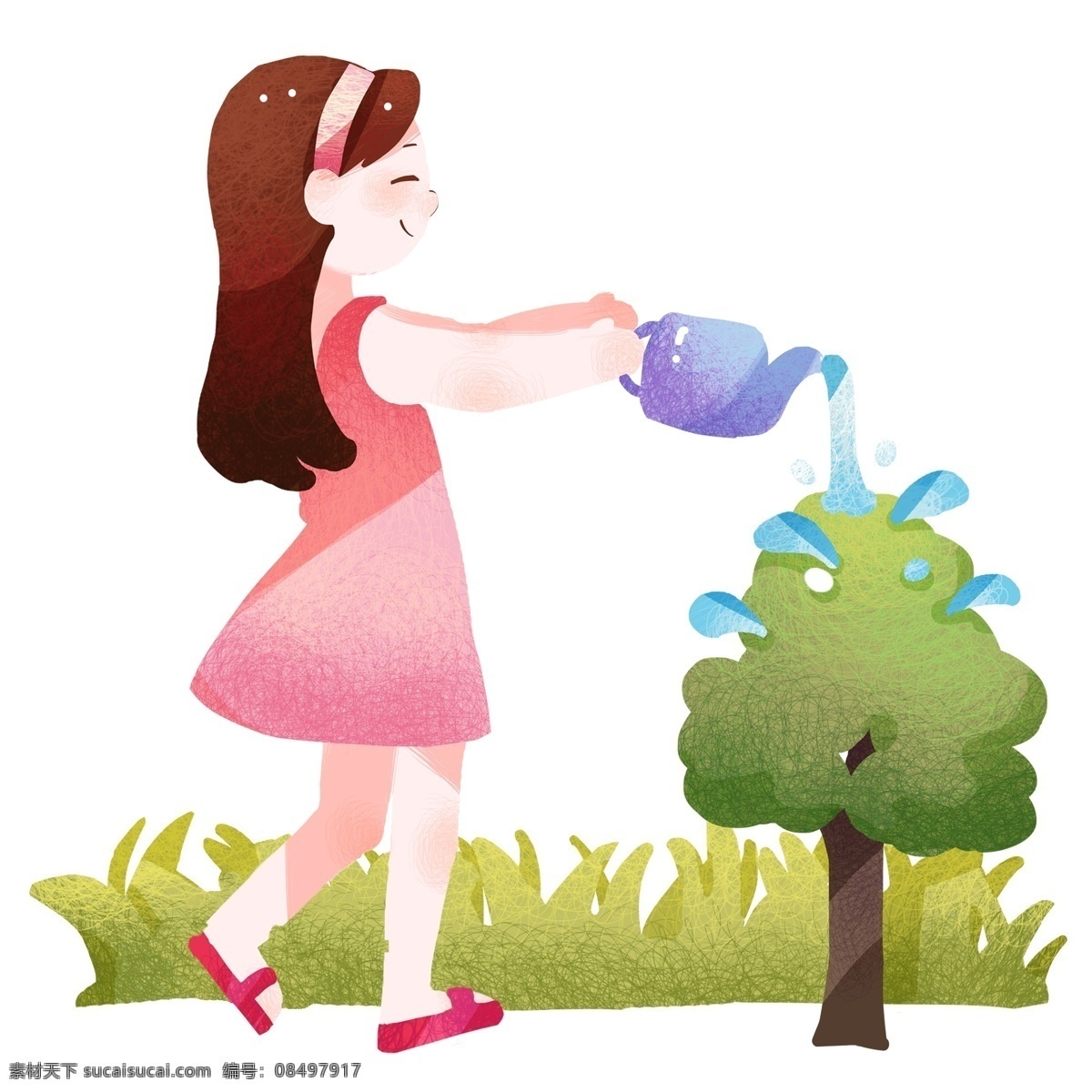 植树节 树木 浇水 小女孩 插画 女孩 绿色植物 紫色的水壶 蓝色水滴 绿色草丛装饰 节日装饰插画