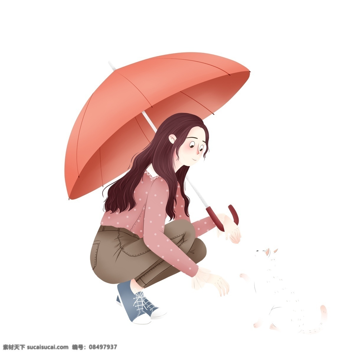 卡通 蹲 地上 撑伞 女孩 白猫 元素 可爱女孩 人物元素 精致人物 手绘元素 装饰图案 设计元素 卡通元素