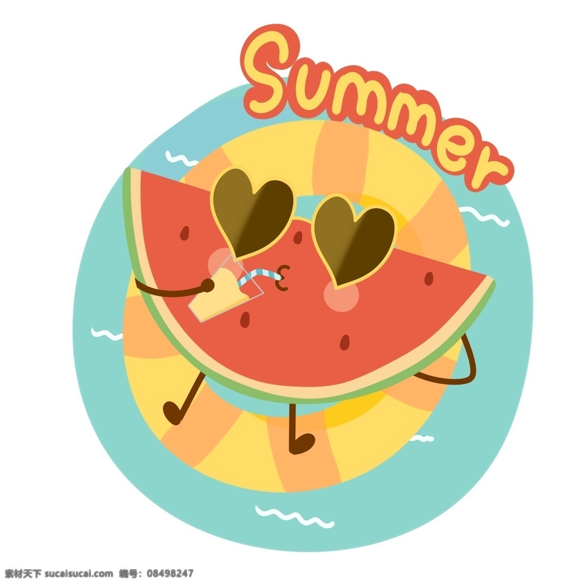q版拟人西瓜 夏日 q版 西瓜 喝果汁 游泳圈 海洋 度假
