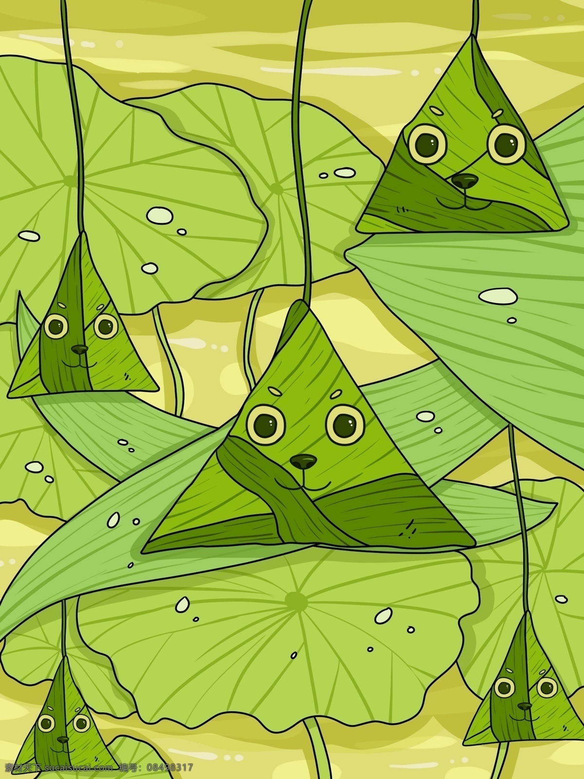 原创 粽子 包装 插画 q 版 可爱 清新 线条 色块 粽叶 荷叶