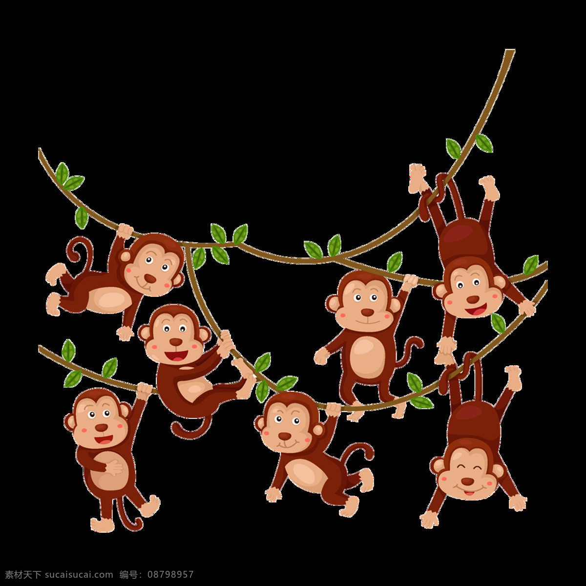 卡通 猴子 跳跃 元素 手绘 可爱猴子 绿藤 翻腾 免抠