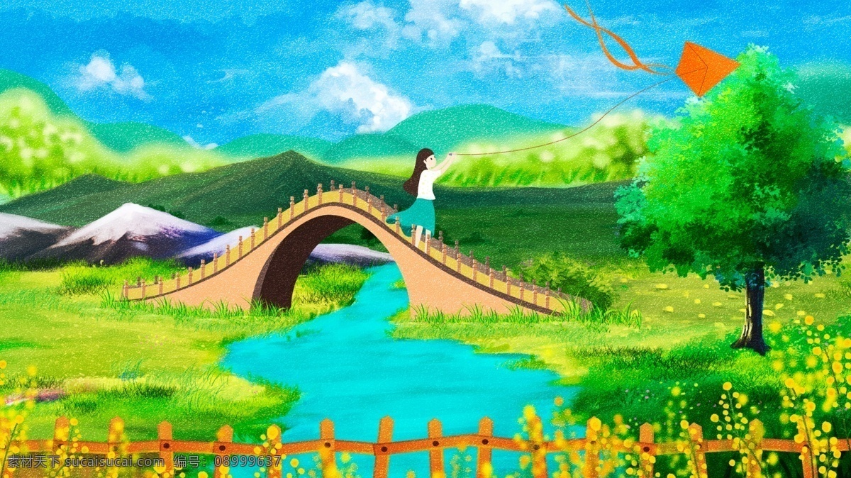 小 清新 夏至 夏天 二十四节气 插画 大暑 大暑插画 节气 节气插画 桥 河流 女孩放风筝 夏季
