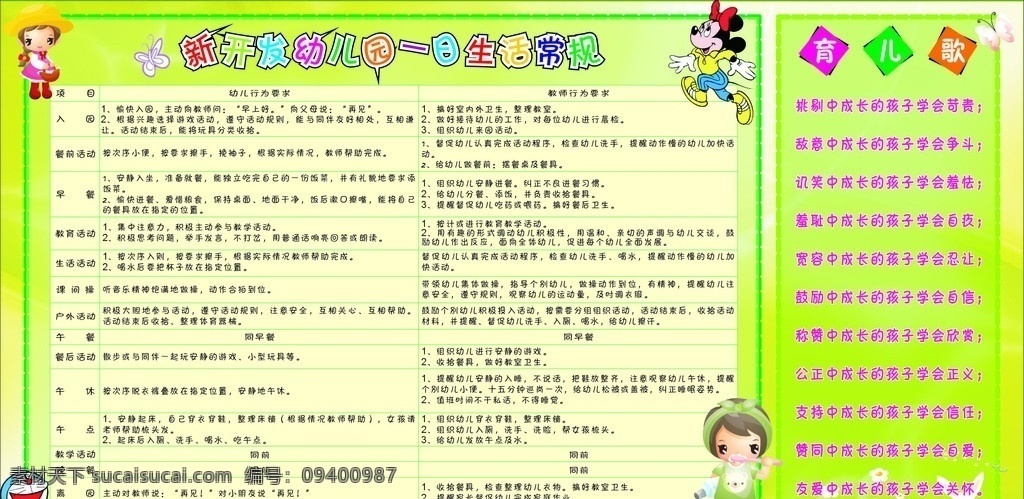 幼儿园 生活 常规 幼儿行为要求 教师行为要求 育儿歌 女孩 卡通图片 兔子 花朵 绿色 展板模板 矢量