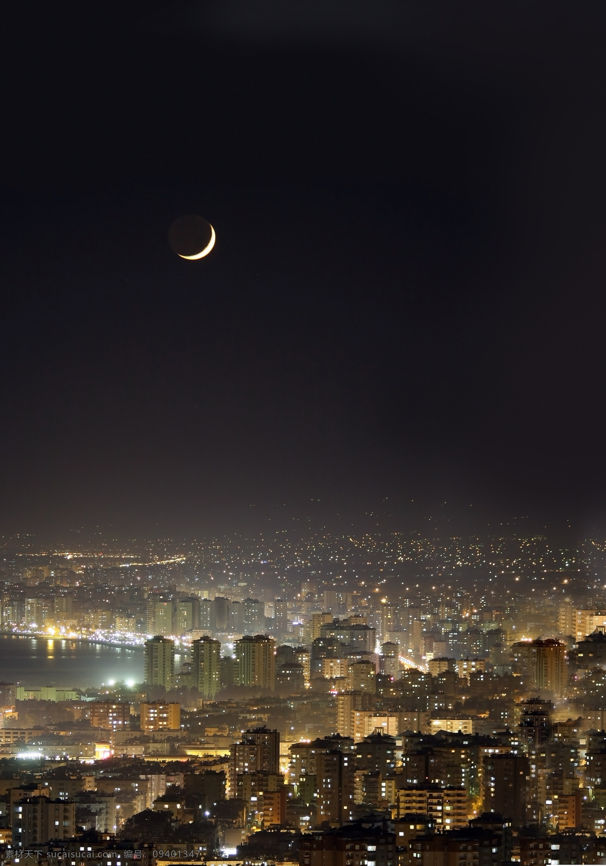 城市夜景摄影 城市 城市夜景 城市摄影 天空 自然景观 月色 月亮 月亮摄影 月亮素材 弯月 自然风景 黑色