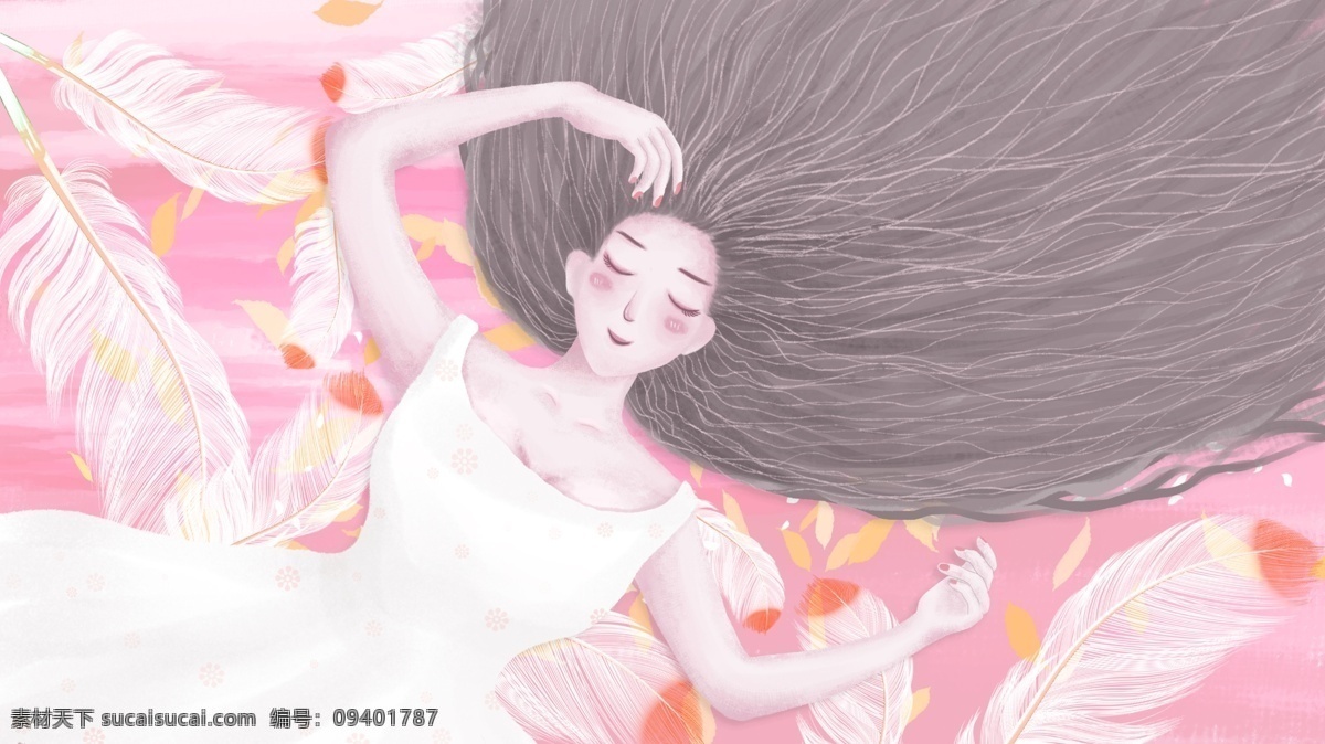 浪漫婚礼 季 躺 长发 新娘 唯美 卡通 羽毛 叶子 梦幻 浪漫婚礼季 躺着 长发新娘 婚礼季 女孩 白色裙子 粉色
