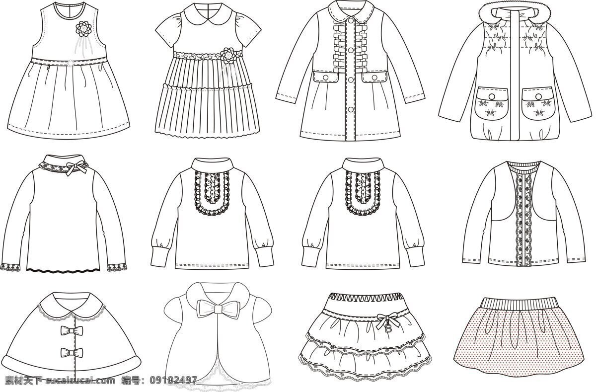 女童款式图 设计素材 服装设计 实用美术 白色