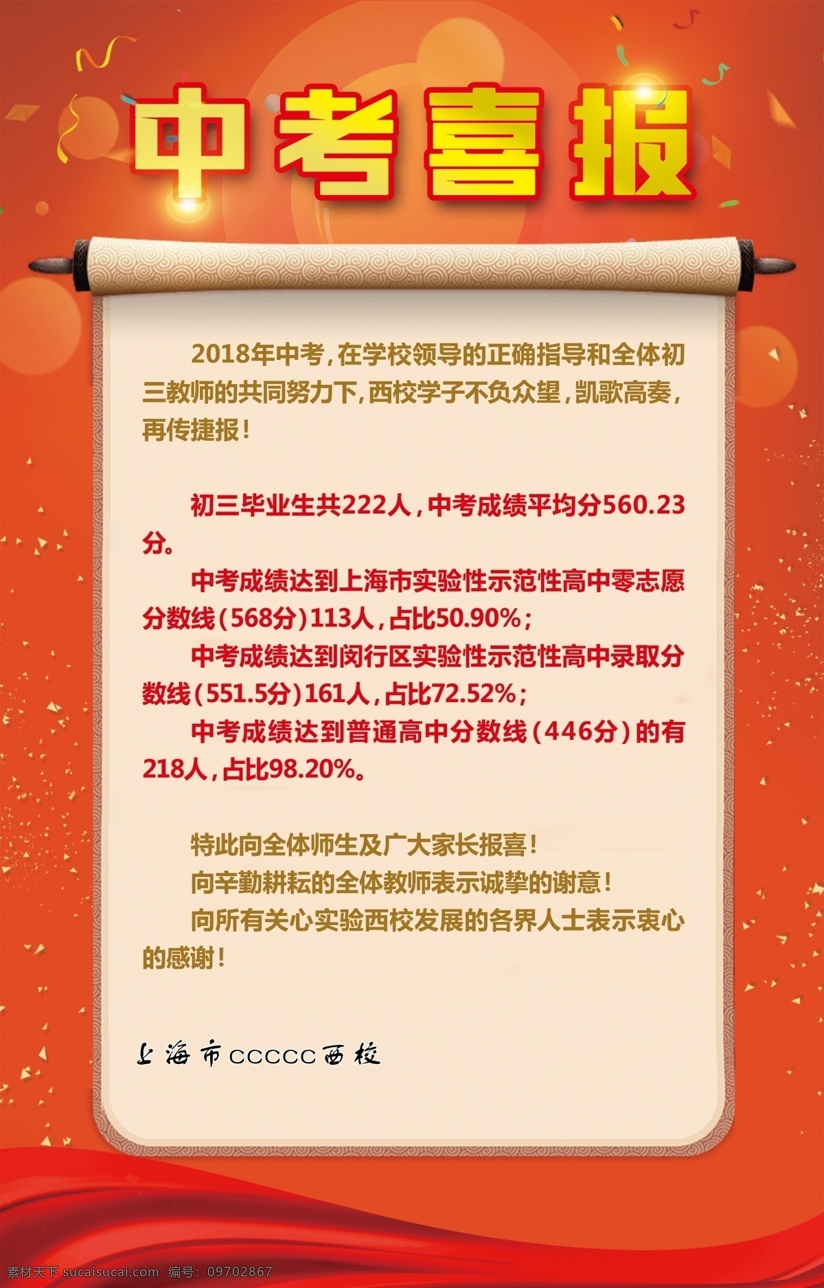 中考喜报 考试喜报 高考喜报 学校喜报 感谢信 红色喜报 黄色喜报 喜庆背景 红色背景 热闹背景