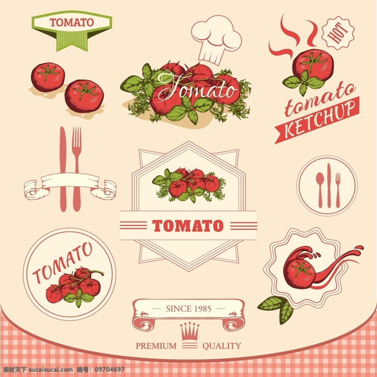 卡通 番茄 标签 矢量 西红柿 水果 蔬菜 厨师帽 叉子 勺子 丝带 皇冠 格子 背景 方格 食品果蔬 分层