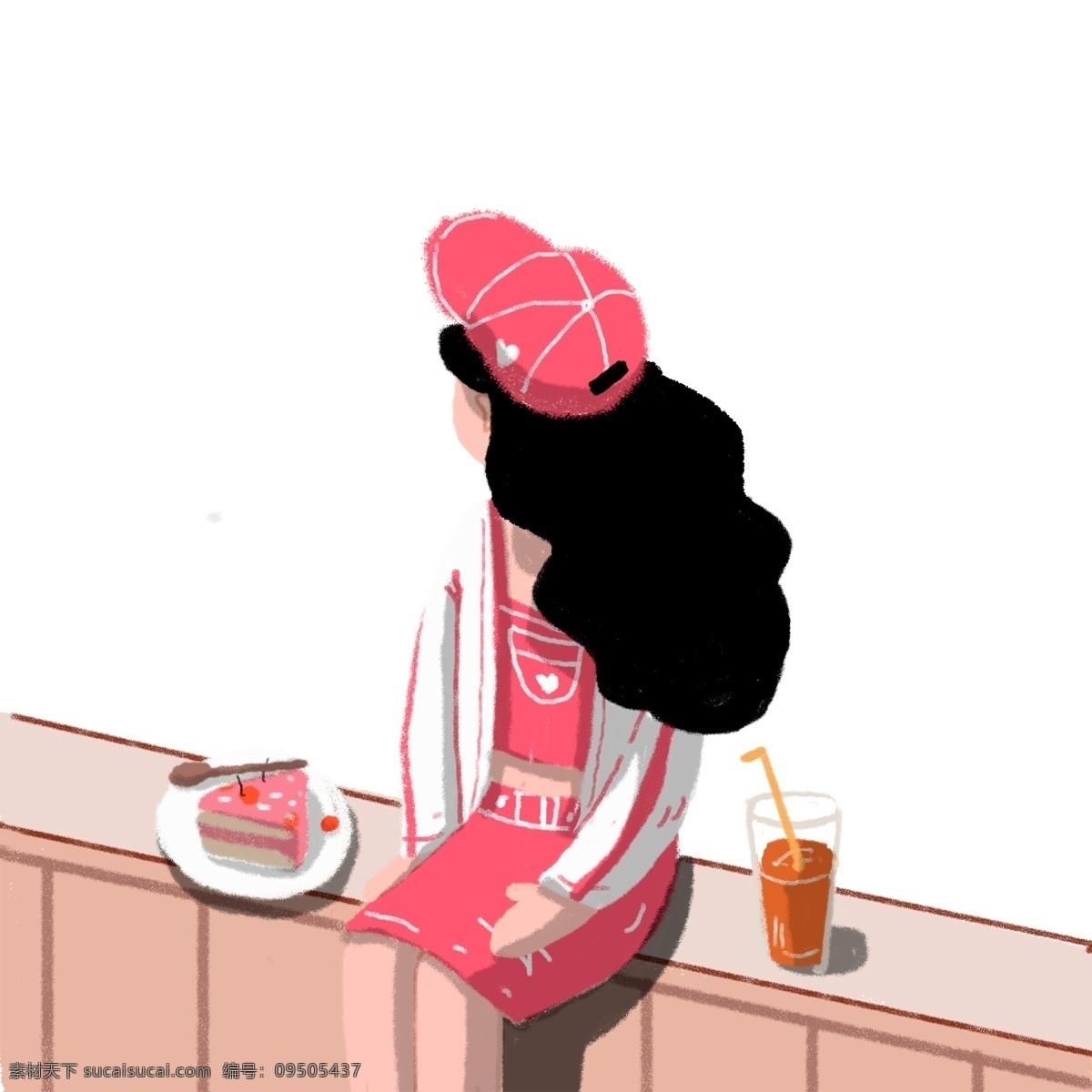 卡通 手绘 坐在 阳台 上 女孩 创意 女生 插画