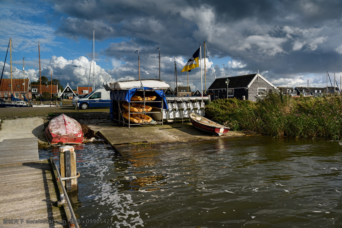 荷兰 房屋 码头 小船 天空 河流 船只 船 河岸 蓝天 乌云 自然景观 自然风景