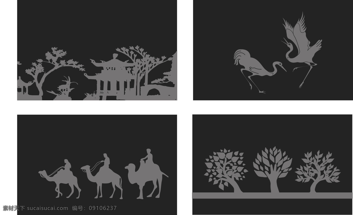 黑色基调 景观 花园 亭台 楼阁 鹤 起舞 骆驼 商人 树木 黑色 轮廓 矢量素材 其他矢量 矢量