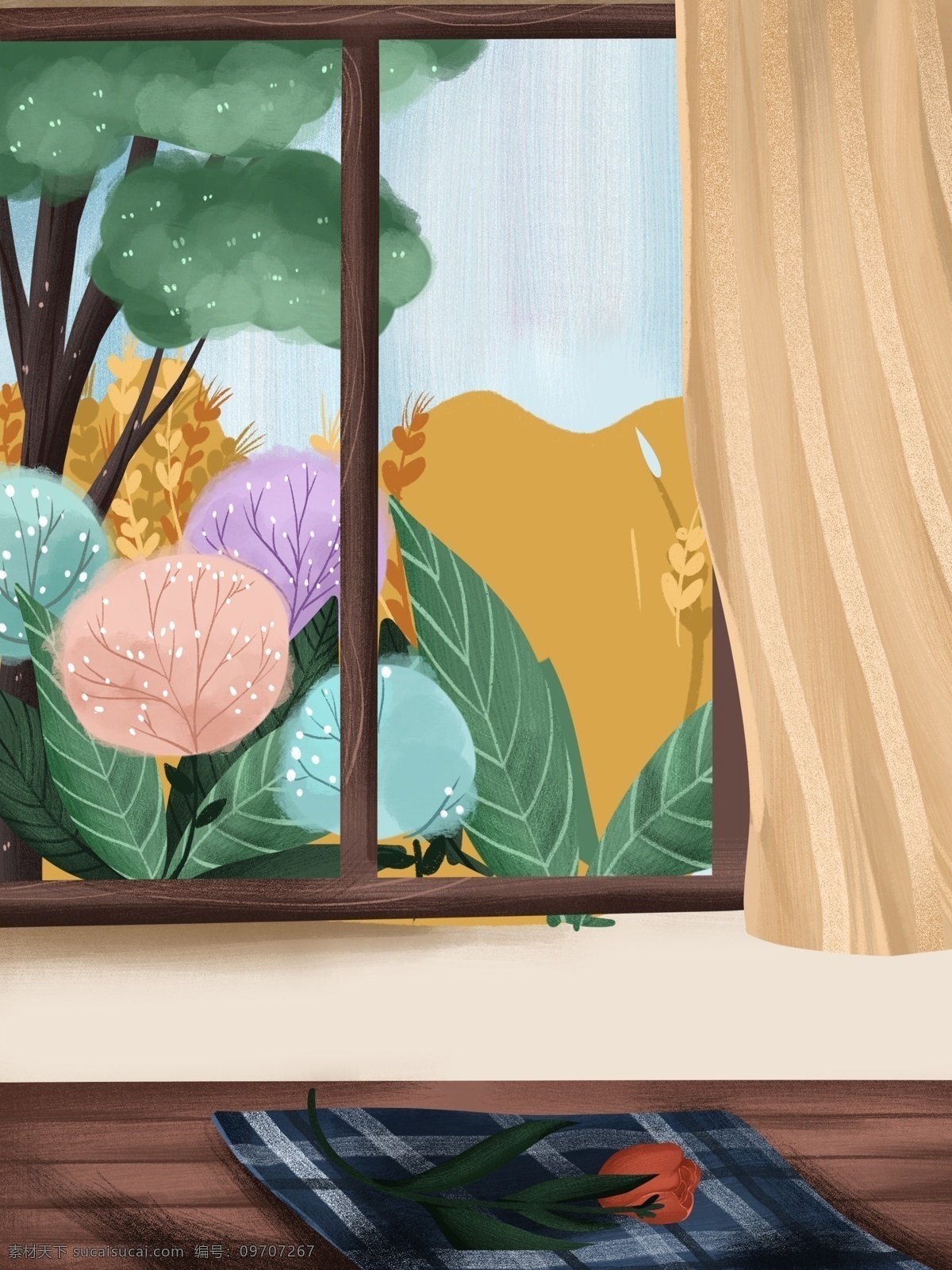 卡通 居家 客厅 窗外 手绘 背景 通用背景 居家生活插画 手绘背景 生活插画背景 窗户 窗帘 植物背景