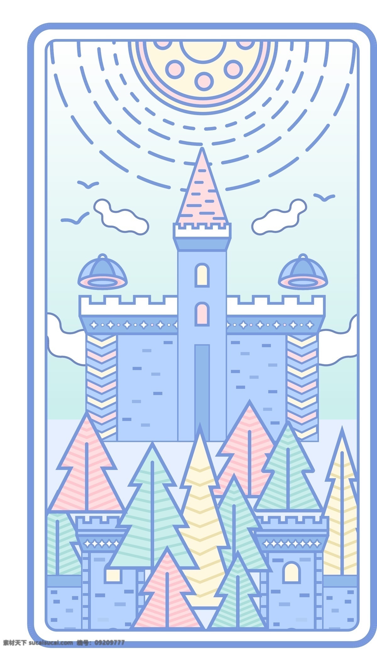 线性 卡 牌 城堡 蓝色 卡牌 太阳 树林