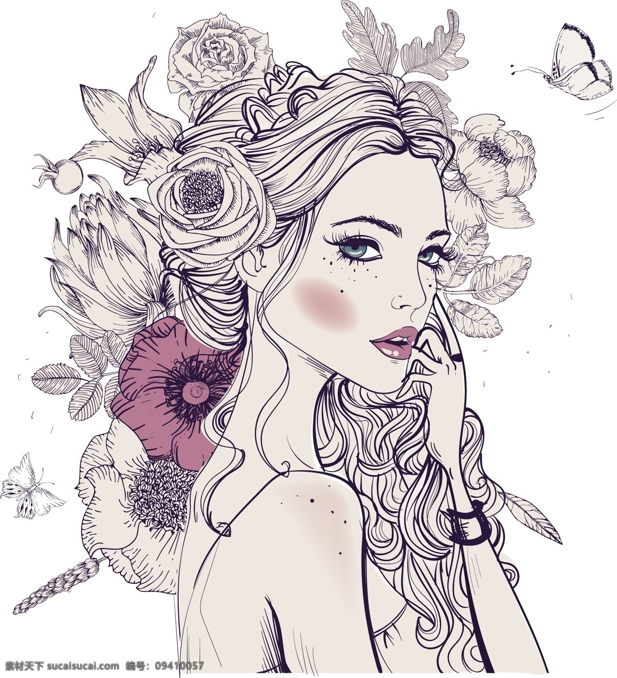 花卉 蝴蝶 女性 插画 矢量素材 设计素材 背景素材