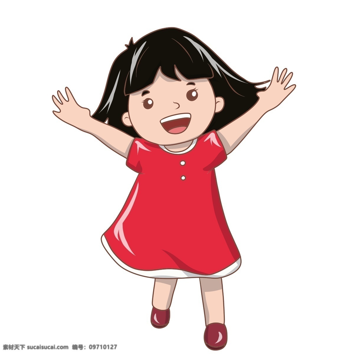 兴奋 小女孩 插画 可爱的小女孩 高兴地小女孩 放假 穿 红色 裙子 小孩