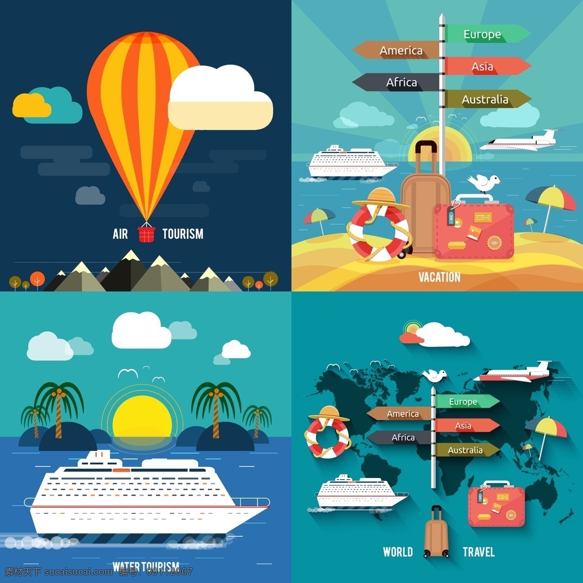扁平 创意 旅行 插画 热气球 白云 旅行箱 油船 地图 大海 风景