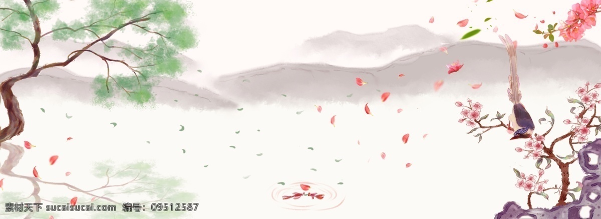 清新 古风 桃花 立春 背景 花瓣 湖水 树 山峰 简约 中国风