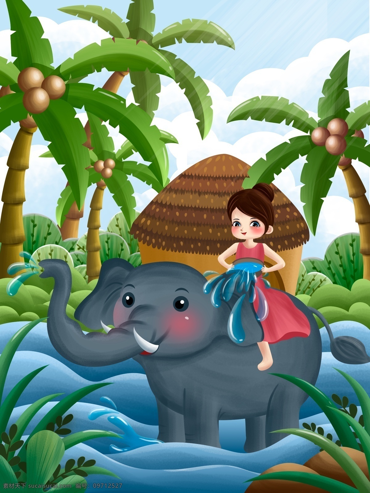 原创 泼水节 女孩 骑 大象 玩 水 插画 节日 椰子树 河流 石头 泼水