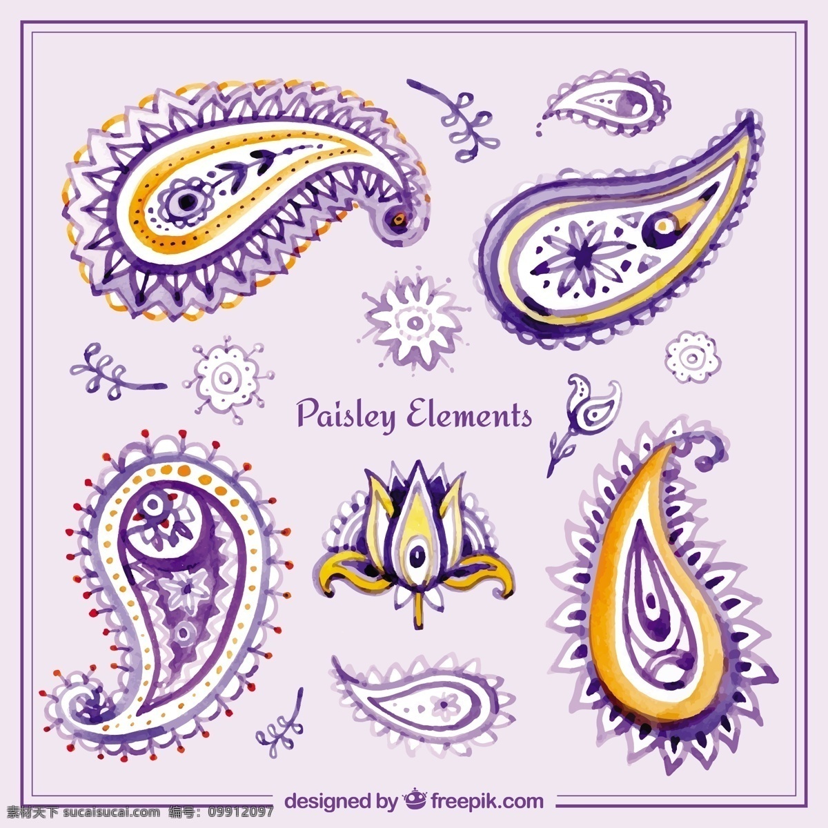 水彩画 紫色 花 佩 斯利 收集 摘要花卉 水彩 手饰 形状 叶 装饰元素 装饰 花卉装饰 佩斯利 水彩花卉 观赏 抽象的形状 草图 写生 白色