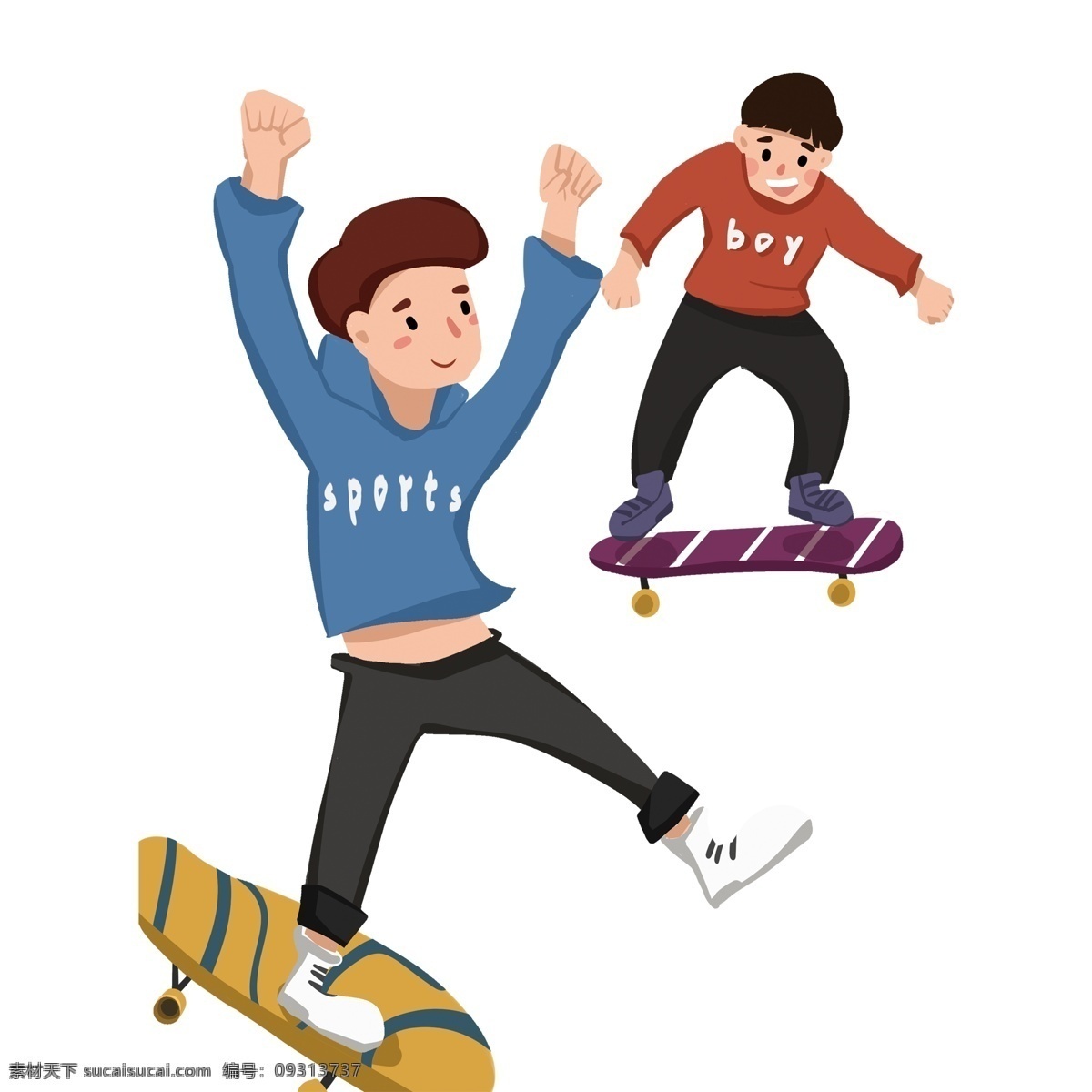 二 男孩 玩 划 板 免 抠 图 两人男孩 划板男孩 蓝色衣服 动漫人物 卡通动漫 运动中的男孩 划板 游戏玩具 小