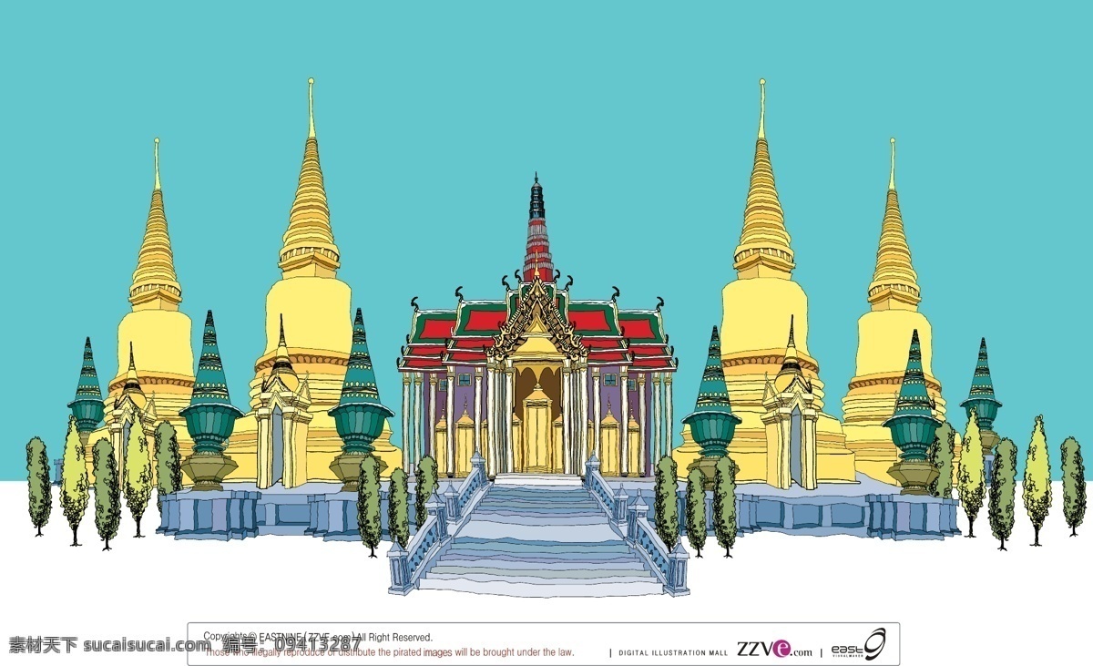 泰国大王宫 建筑设计 世界建筑 泰国建筑 大王宫 建筑手绘图 世界遗产 泰国旅游 青色 天蓝色