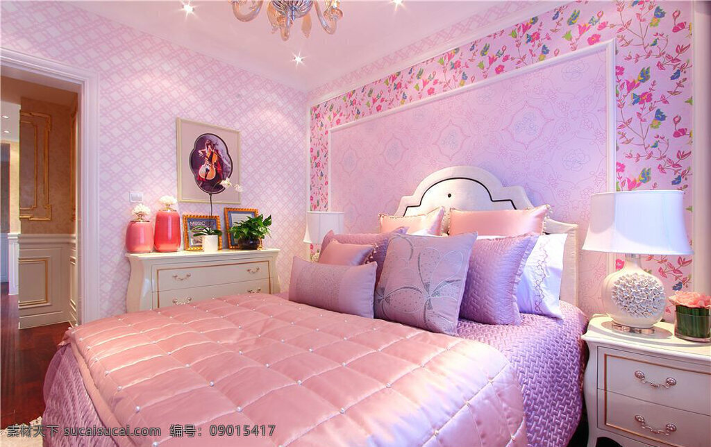 粉色 系 公主 风 卧室 白色 台灯 室内装修 效果图 卧室装修 粉色柜子 白色台灯 粉色背景墙