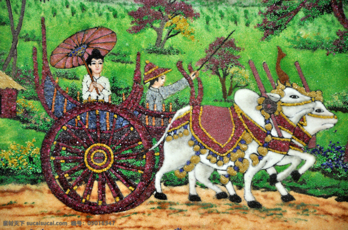 红蓝宝石画 秋景宝石画 宝石画 红宝石 绿宝石 秋景 红叶 小桥流水 草房 花 美术绘画 文化艺术
