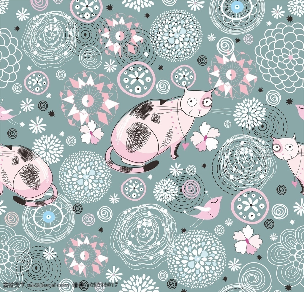海报插画 淡雅 花纹 插画 背景 小猫 花 线稿 矢量素材 底纹边框 背景底纹