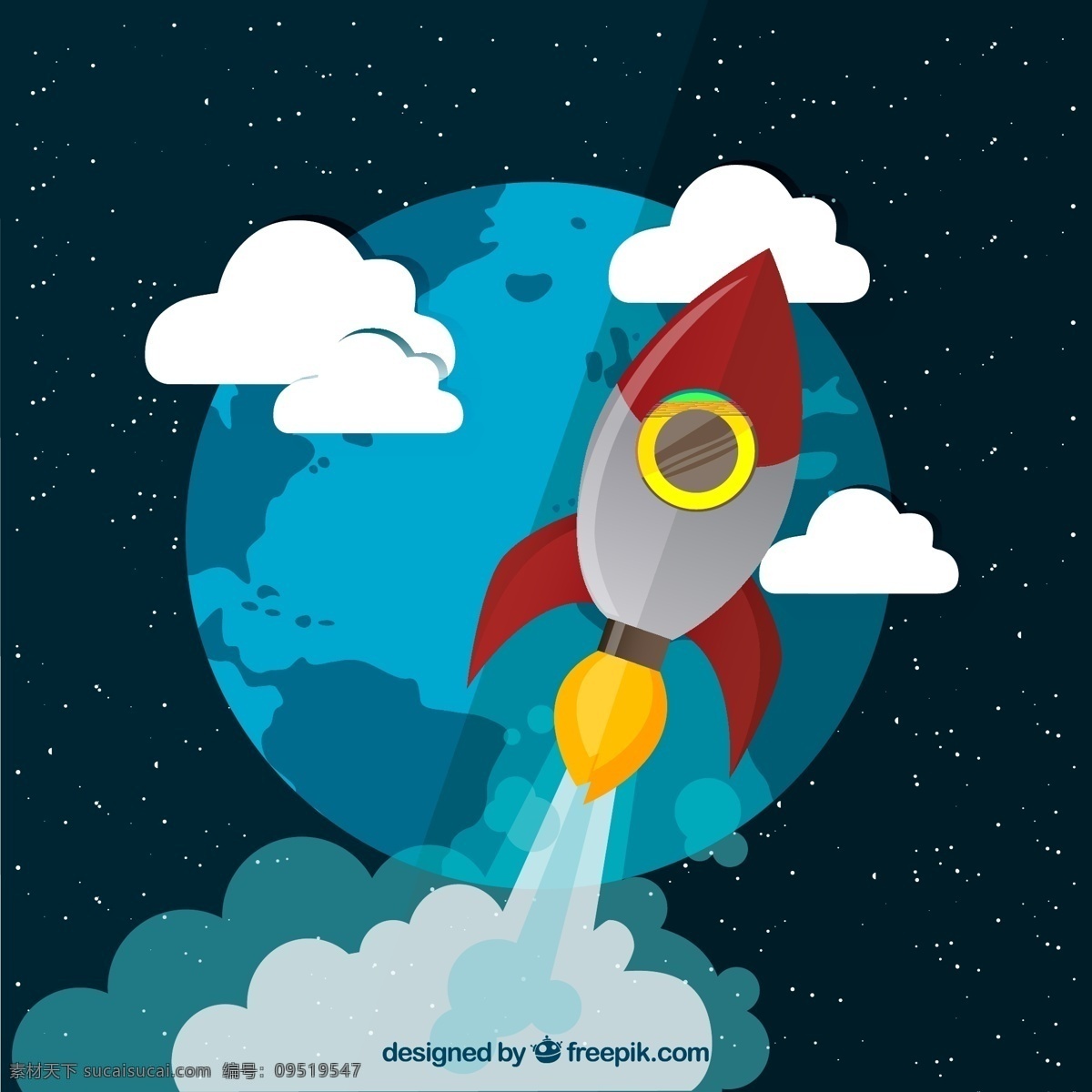 冲出 地球 火箭 矢量 冲出地球 航天 航空 交通工具 云朵 白云 星空 宇宙 卡通 插画 背景 海报 画册 现代科技 黑色