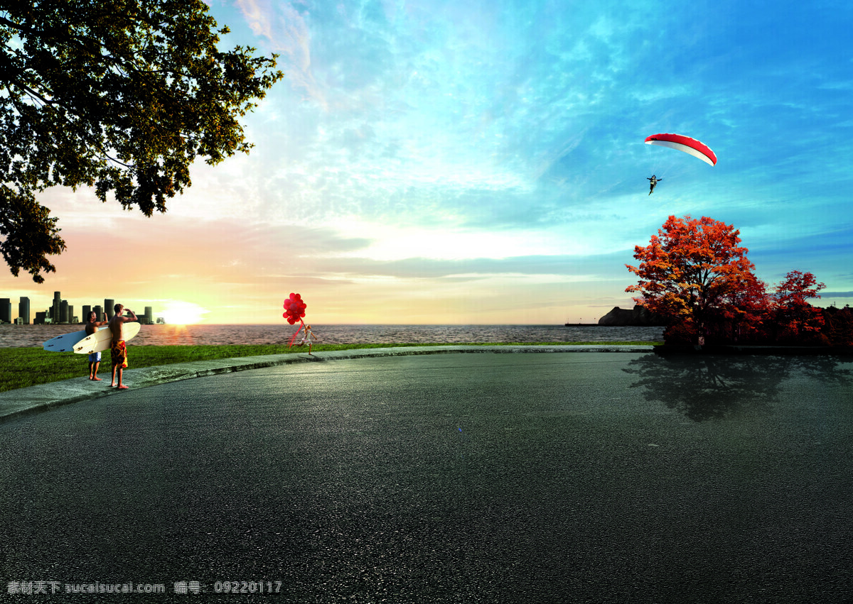 海滩 跳伞 夕阳 冲浪 海边 摄影图库 天空 自然风景 滩跳伞夕阳 自然景观 psd源文件