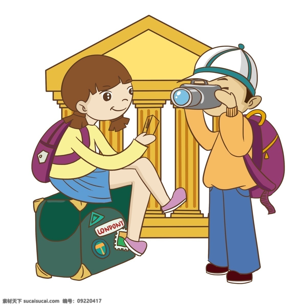 创意 手绘 卡通 户外 拍照 插画 卡通女孩 男孩 背包 包包 建筑 拍摄 景色 手绘建筑 背着 书包 旅游插画