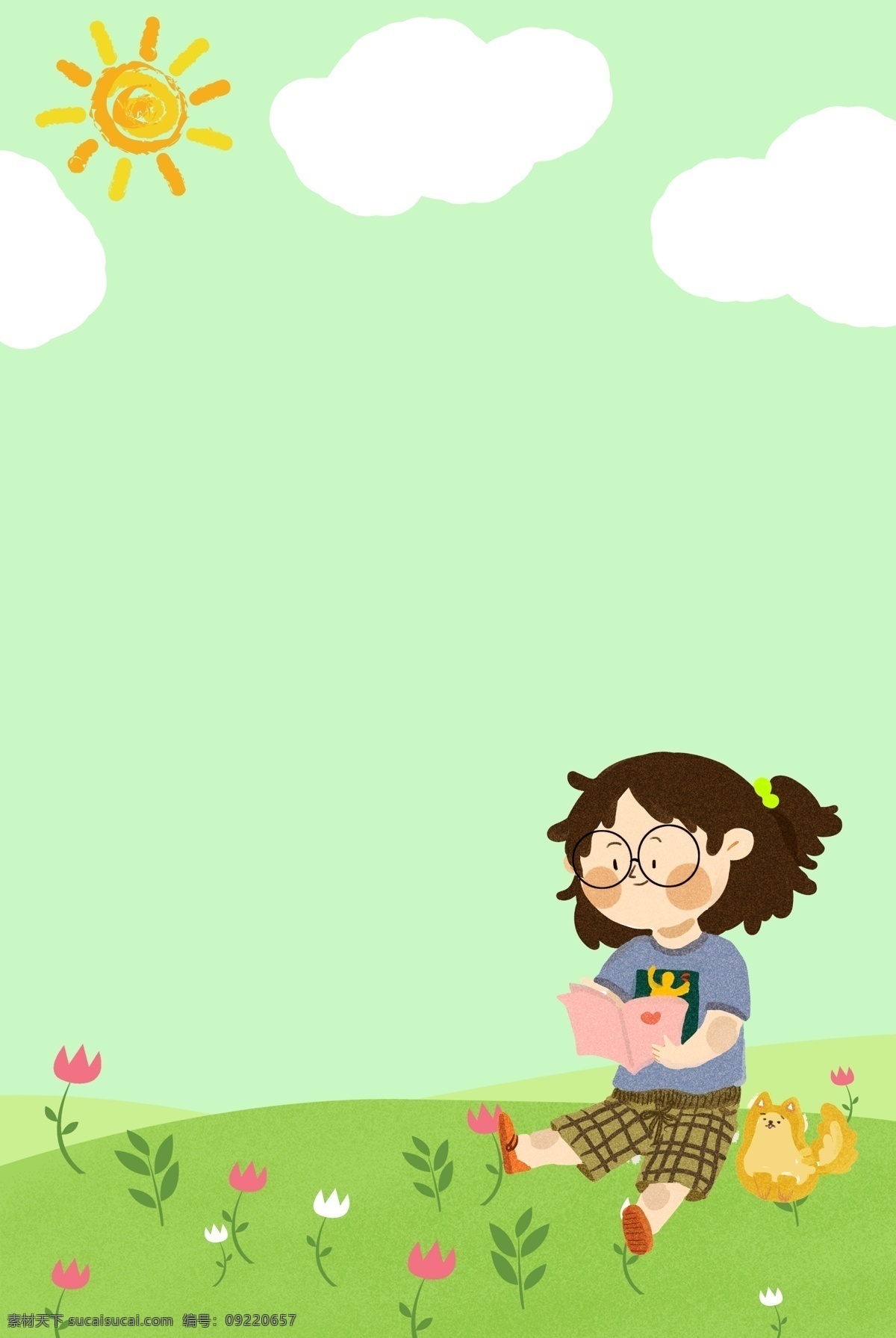 卡 通风 绿色 清新 野外 小女孩 背景 卡通风 太阳 云 花 草地