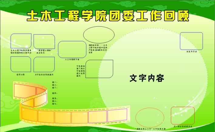 展板 土木工程 学院 工作回顾 祥云 电影胶片 胶片 胶片效果 胶卷 胶卷素材 圆形 报 展板背景 绿背景 背景 设计素材 设计模板 矢量