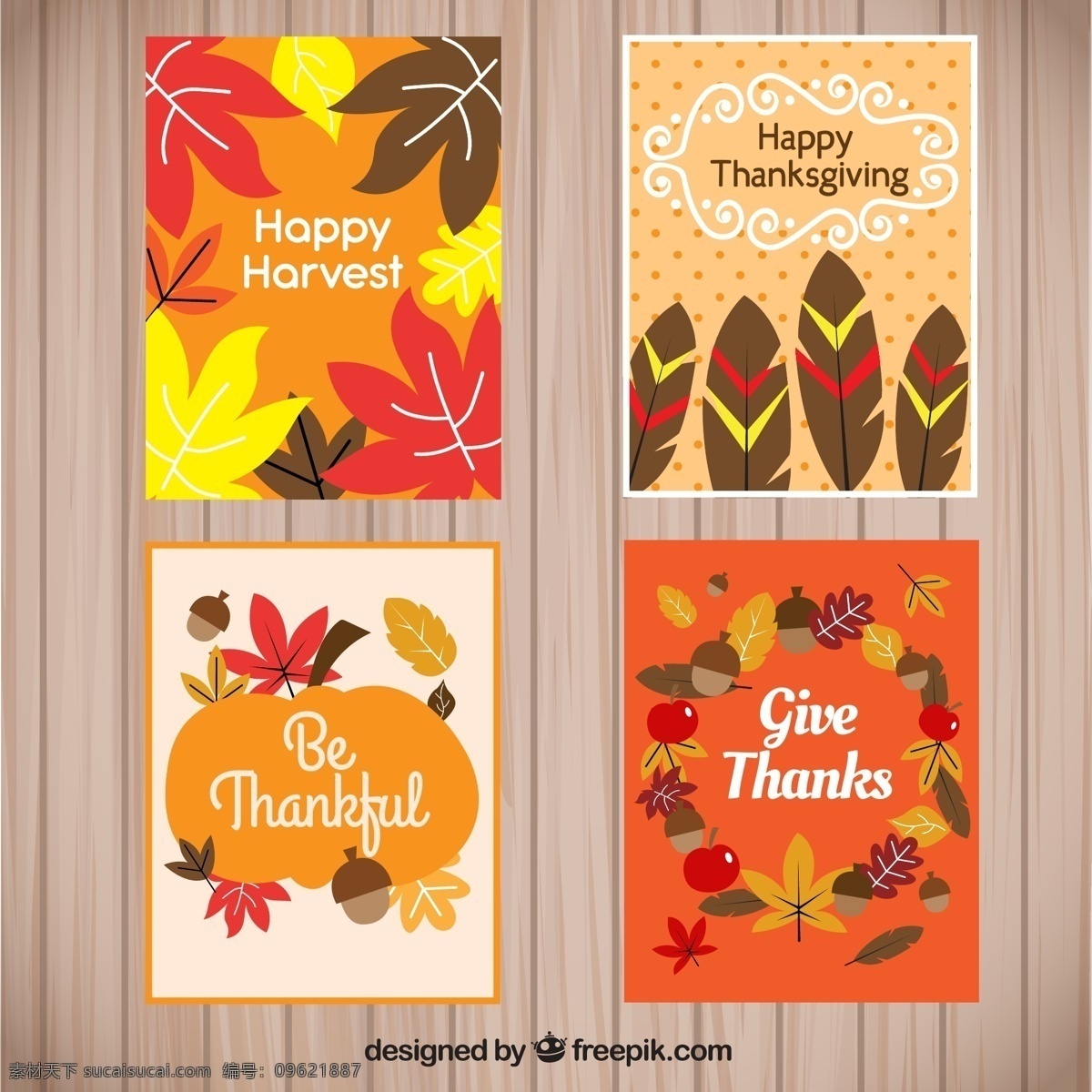 四 张 带有 天然 感恩 元素 卡片 感恩元素 感恩卡片 树叶背景 树叶 叶子 卡通卡片