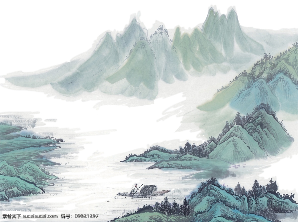 水墨山水 山水 分层绘画 山水画 绿色 风景 分层 源文件