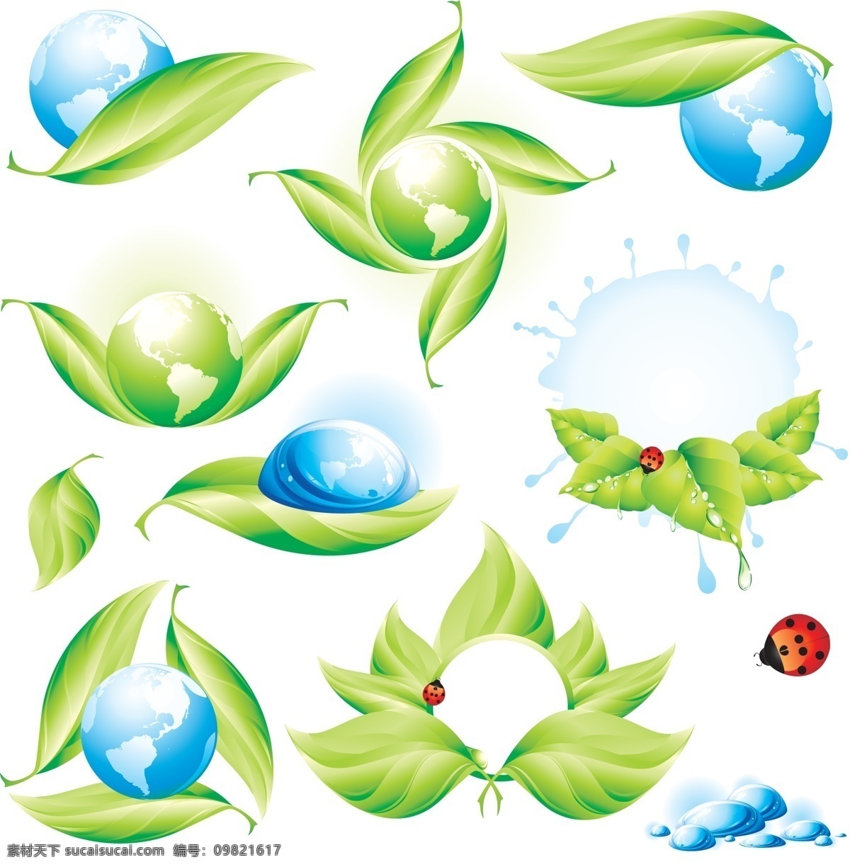 绿色 生态环境 图标 矢量图 地球 绿叶 瓢虫 水珠 水渍 低碳标志 其他矢量图
