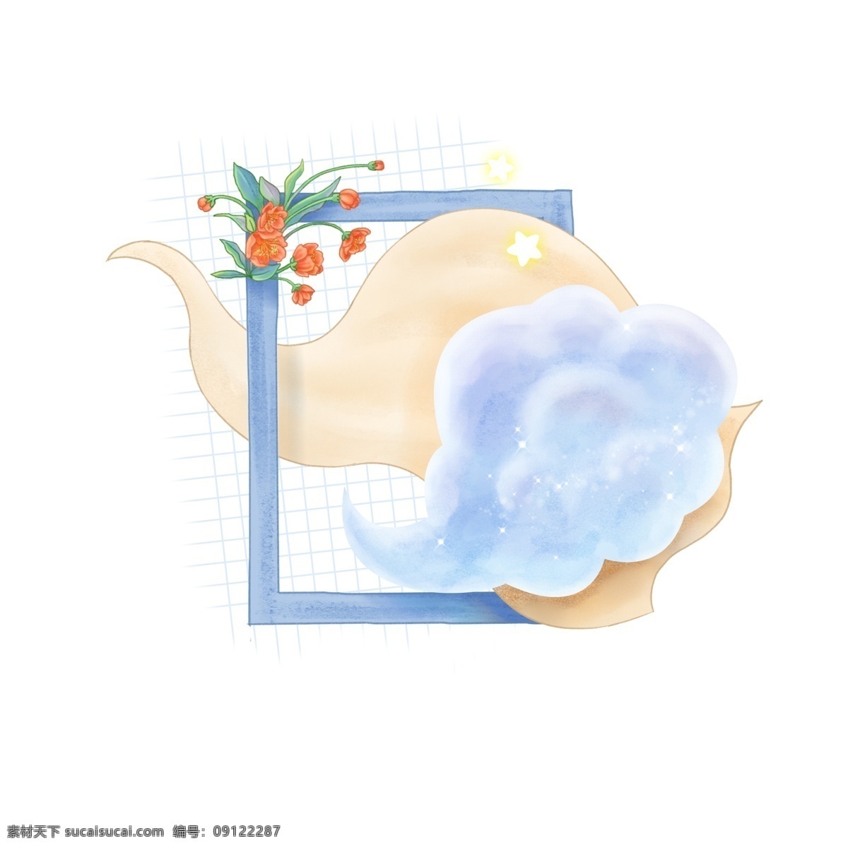 手绘 水彩 小 清新 云朵 垂 丝 海棠 植物 丝带 画框 水彩植物 小清新 彩云 垂丝海棠 相框 紫蓝色