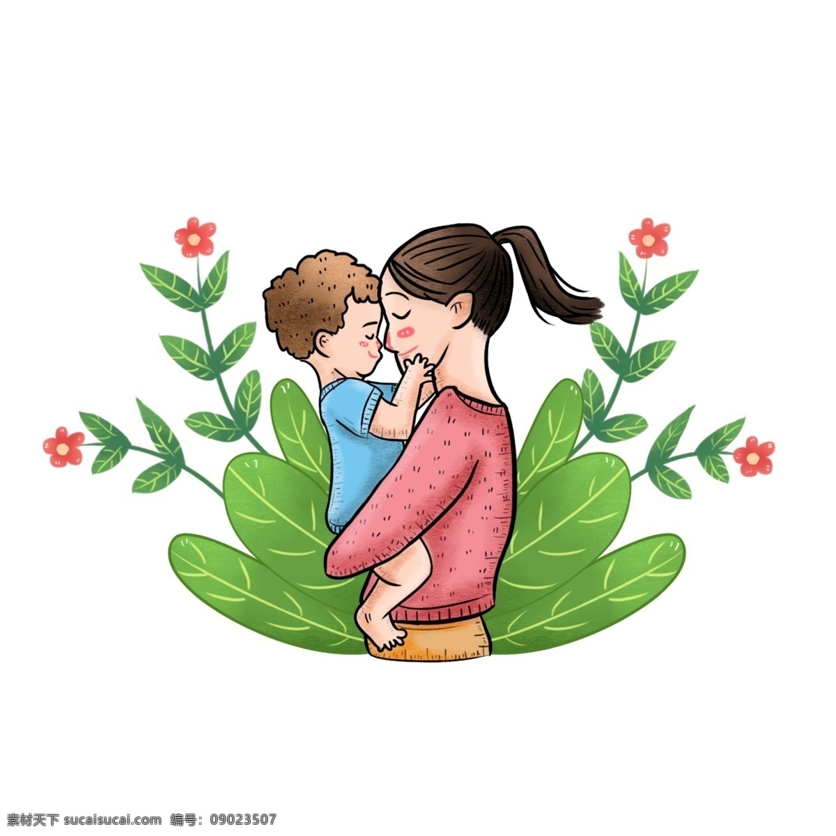 手绘 风 母亲节 母亲 抱 儿子 画面 手绘风 人物 植物 元素 可商用 母爱