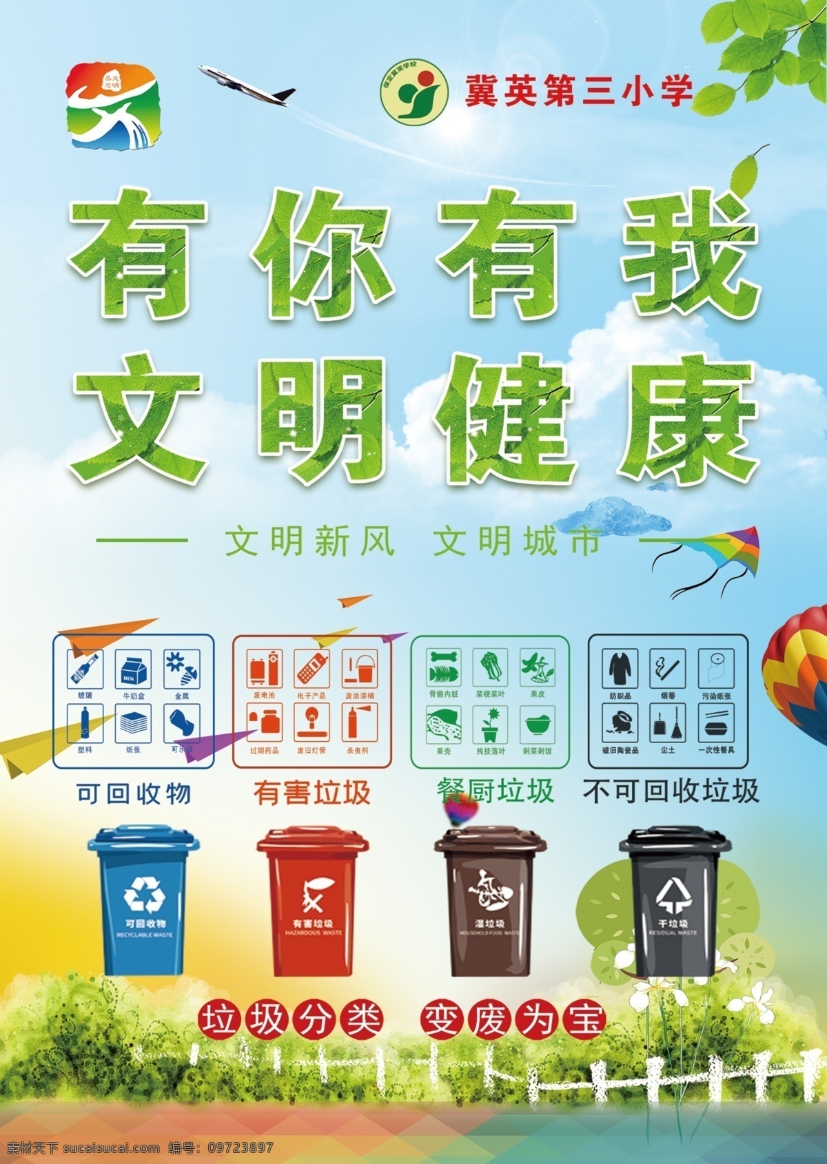 垃圾分类图片 垃圾分类 垃圾桶 绿色树叶 蓝天白云 大树 栏杆 草坪 热气球 展板