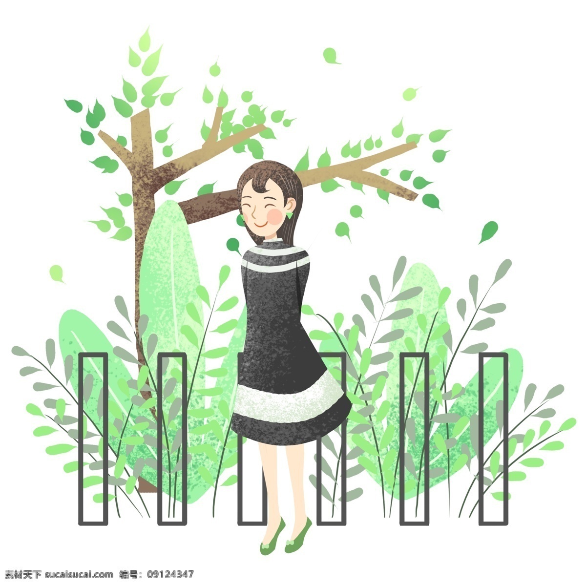 踏青 人物 树木 插画 踏青人物插画 绿色的树木 绿色的叶子 黑色的栅栏 卡通人物 漂亮的小女孩